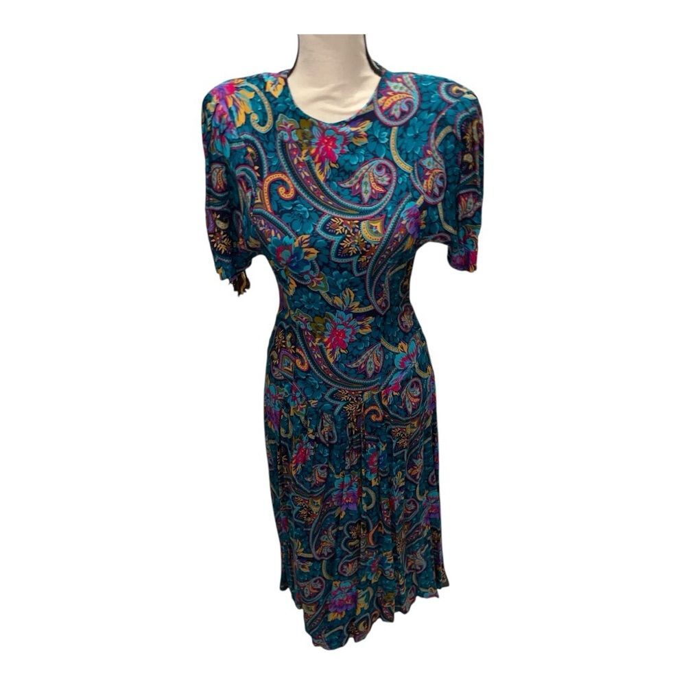 Beautiful teal floral paisley vintage flowy pleated skirt drop waist dress 80’s